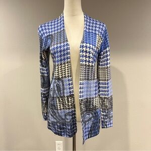 Talbots 100% pure merino wool Blue and Black Houndstooth open Cardigan